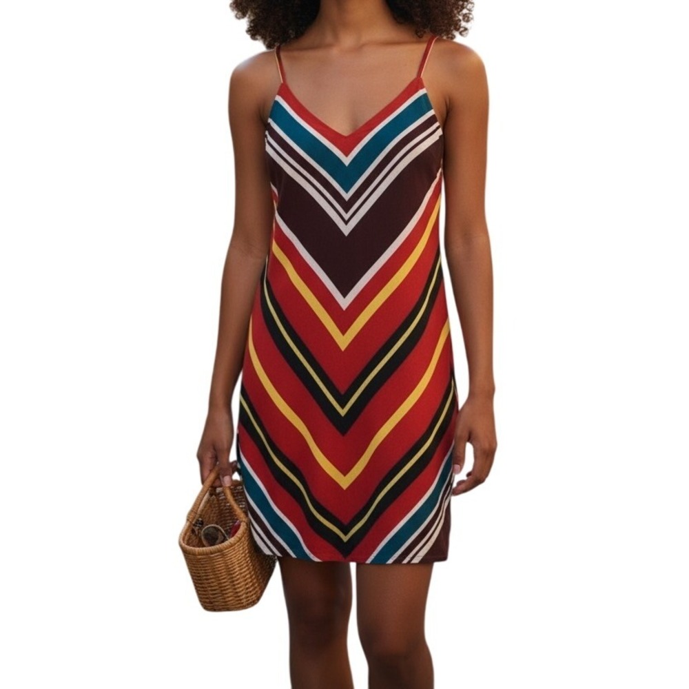 EXPRESS Flirty Rainbow Chevron Print Slip Mini Dress Lined NWT $60 Size XS